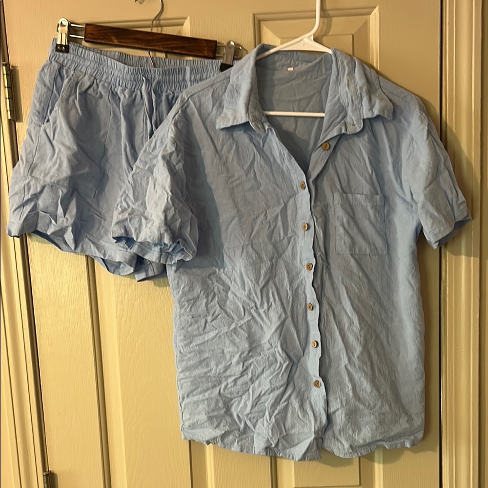 Light Blue Button-Up Shirt and Shorts Set